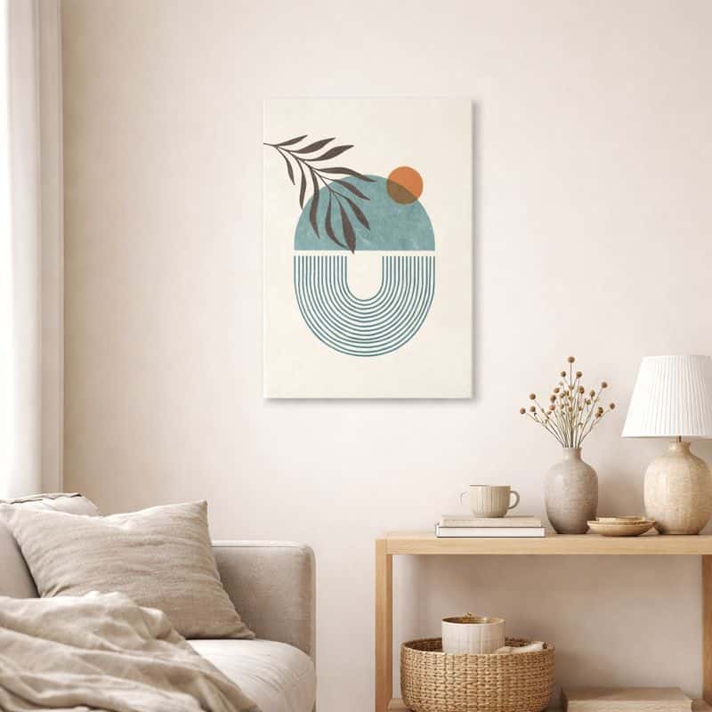 nordic-minimal-abstract-art-scene-10130 北欧ミニマルなリビング空間に飾られた、アーチラインとボタニカルモチーフの抽象アート(A3サイズ相当)。