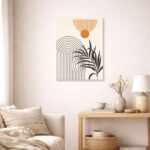 北欧ミニマルなリビング空間に飾られた、アーチラインとリーフシルエットの抽象アート（A3サイズ相当）。
