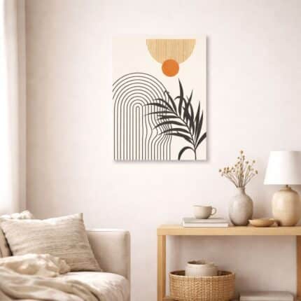 北欧ミニマルなリビング空間に飾られた、アーチラインとリーフシルエットの抽象アート（A3サイズ相当）。