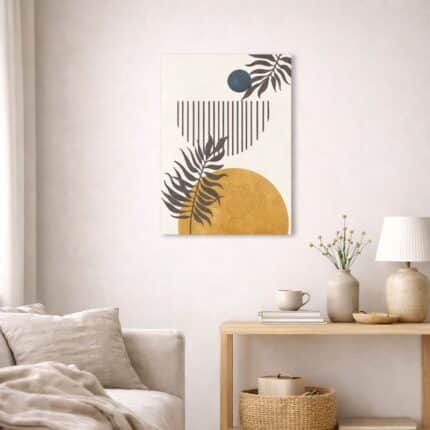 北欧ミニマルなリビング空間に飾られた、サークル構図とリーフラインの抽象アート（A3サイズ相当）。