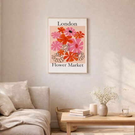 北欧ミニマルなリビング空間に飾られた、ロンドン フラワーマーケットを描いたフラワー抽象アート（A3サイズ相当）