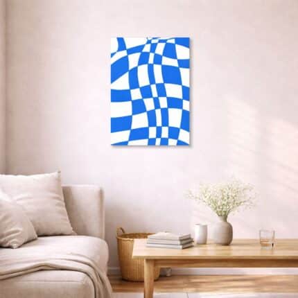 北欧ミニマルなリビング空間に飾られた、ブルーとホワイトのチェック柄で描かれた北欧ミニマル 抽象アート（A3サイズ相当）。