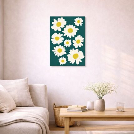 北欧ミニマルなリビング空間に飾られた、デイジーフラワーモチーフの北欧ミニマル 抽象アート（A3サイズ相当）。