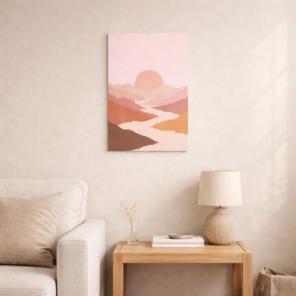 北欧ミニマルなリビング空間に飾られた、ピンクサンセットと川の流れを描いた抽象風景アート（A3サイズ相当）。