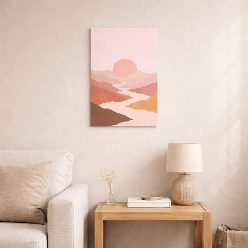 nordic-minimal-abstract-art-scene-10154 北欧ミニマルなリビング空間に飾られた、ピンクサンセットと川の流れを描いた抽象風景アート(A3サイズ相当)。