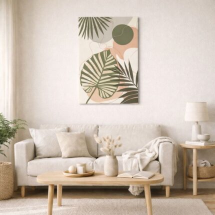 北欧ミニマルなリビング空間に飾られた、リーフモチーフのボタニカル抽象アート（A3サイズ相当）。