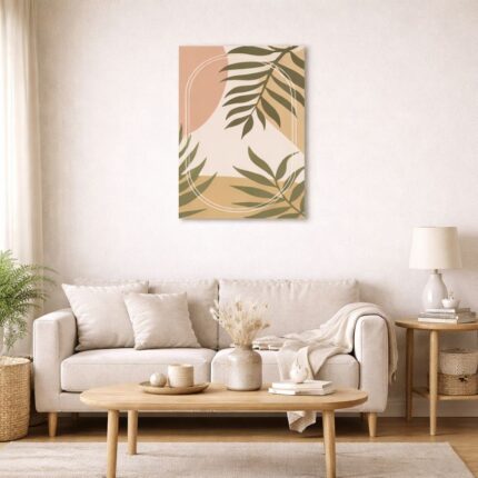 北欧ミニマルなリビング空間に飾られた、サークルラインとボタニカルリーフの抽象アート（A3サイズ相当）。