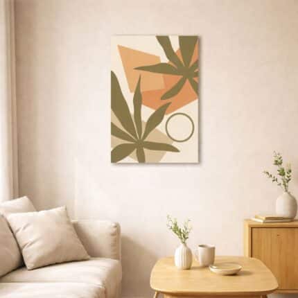 オリーブグリーンのリーフとジオメトリックフォルムで構成された、北欧ミニマルなボタニカル抽象アート作品。