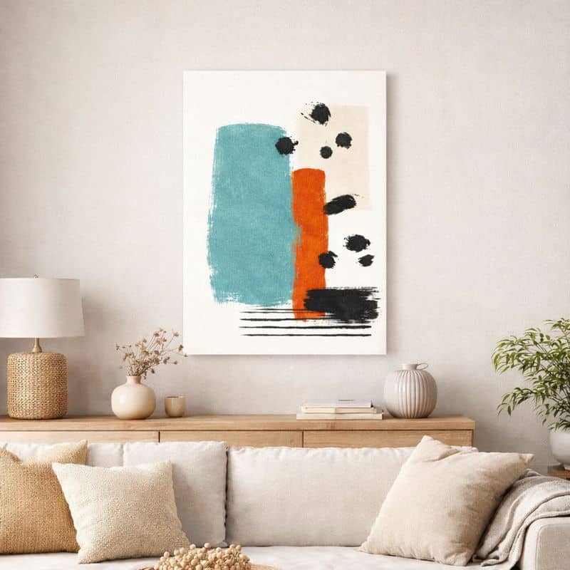 nordic-minimal-abstract-art-scene-ma-10001-1 北欧ミニマルなリビング空間に飾られた、ブラックブラッシュが印象的な抽象アート(A3サイズ相当)。