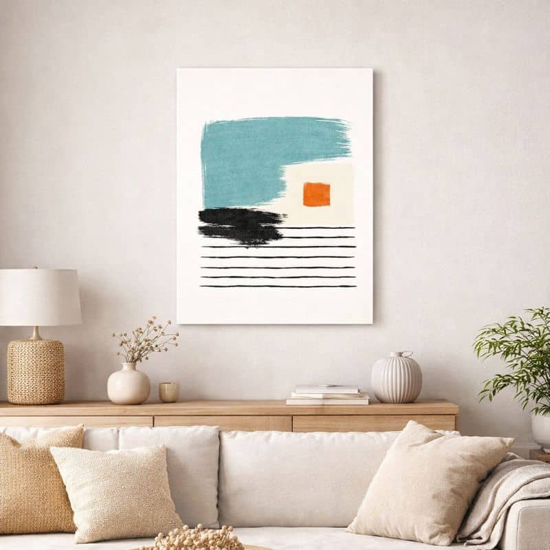 nordic-minimal-abstract-art-scene-ma-10003-1 北欧ミニマルなリビング空間に飾られた、ブラックブラッシュが印象的な抽象アート(A3サイズ相当)。