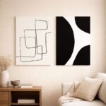 北欧ミニマルな空間にブラックラインの北欧ミニマル 抽象アートを組み合わせて飾ったコーディネート例。