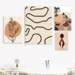 北欧ミニマルな空間に、ブラックラインのボタニカル 抽象アートを組み合わせて飾ったコーディネート例。