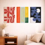 北欧ミニマルな空間に抽象アートを組み合わせて飾ったコーディネート例。