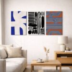 北欧ミニマルな空間に、カーブライン抽象アートを組み合わせて飾ったコーディネート例。