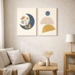 北欧ミニマルな空間に、アーチライン抽象アートを組み合わせて飾ったコーディネート例。
