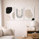 北欧ミニマルな空間に、有機ラインの抽象アートを組み合わせて飾ったコーディネート例。