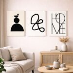 北欧ミニマルな空間に、ブラックシェイプ抽象アートを組み合わせて飾ったコーディネート例。