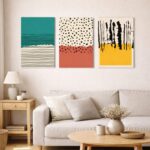 北欧ミニマルな空間に、ドットパターンの抽象アートを組み合わせて飾ったコーディネート例。