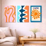 北欧ミニマルな空間に、有機ラインの抽象アートを組み合わせて飾ったコーディネート例。