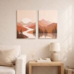 北欧ミニマルな空間に、夕暮れ風景の抽象アートを組み合わせて飾ったコーディネート例。