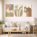北欧ミニマルな空間に、アーチラインのボタニカル抽象アートを組み合わせて飾ったコーディネート例。
