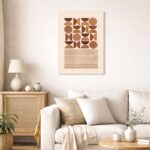 北欧ミニマルなリビング空間に飾られた、半円モチーフの抽象ジオメトリックアート。A3サイズ相当。