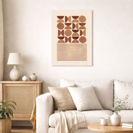 北欧ミニマルなリビング空間に飾られた、半円モチーフの抽象ジオメトリックアート。A3サイズ相当。