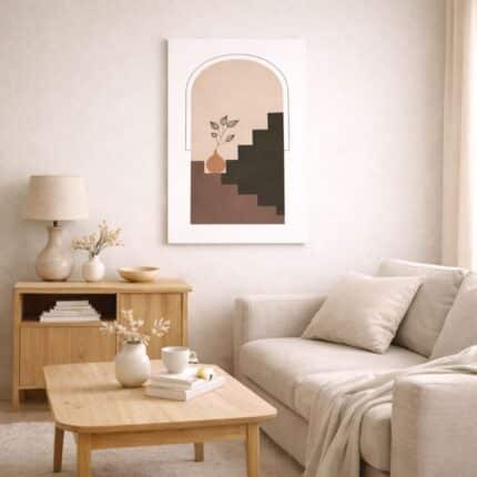北欧ミニマルなリビング空間に飾られたアーチ構図のボタニカルアート（A3サイズ相当）