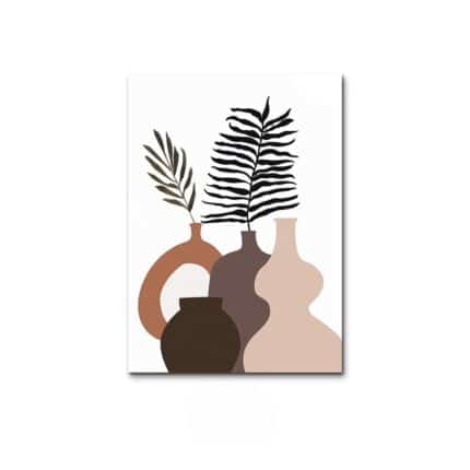 3つのフラワーベースと植物を描いた北欧ミニマルボタニカルアートの単体イメージ