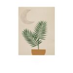 植物のリーフと月のモチーフを描いた北欧ミニマルボタニカルアートのキャンバスポスター。