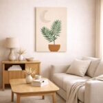 北欧ミニマルなリビング空間に飾られた、A3サイズ相当のリーフと月のボタニカルアート。