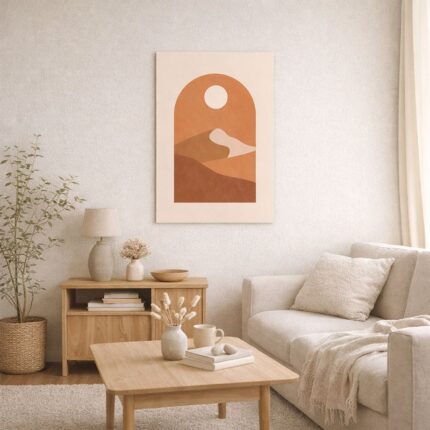 北欧ミニマルなリビング空間に飾られたボタニカルアート。サンセットカラーとアーチ形構図が印象的なA3サイズ相当の無フレームポスター。