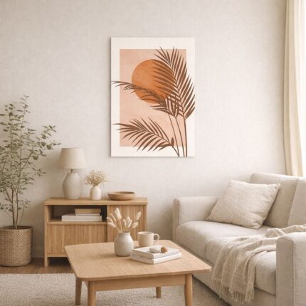 北欧ミニマルなリビング空間に飾られたボタニカルアート。サンセットカラーとパームリーフが調和したA3サイズ相当の無フレームポスター。