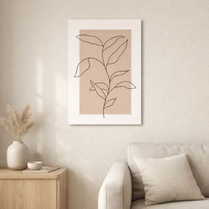 北欧ミニマルなリビングに飾られたリーフモチーフのボタニカルラインアート