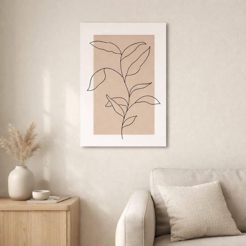 nordic-minimal-botanical-line-art-10026-scene 北欧ミニマルなリビングに飾られたリーフモチーフのボタニカルラインアート