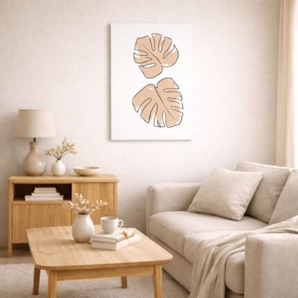 北欧ミニマルなリビング空間に飾られたダブルリーフのボタニカルラインアート（A3サイズ相当）