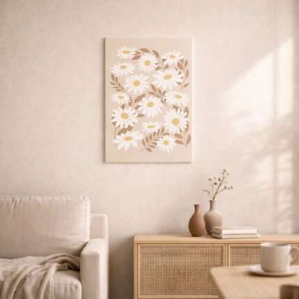 北欧ミニマルなリビングに飾られたデイジーフラワーアート