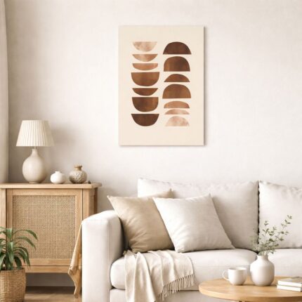 北欧ミニマルなリビング空間に飾られた半円モチーフの抽象アート。A3サイズ相当。