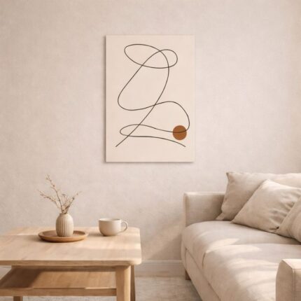 北欧ミニマルなリビング空間に飾られた抽象ラインアート。A3サイズ相当の無フレームポスター。