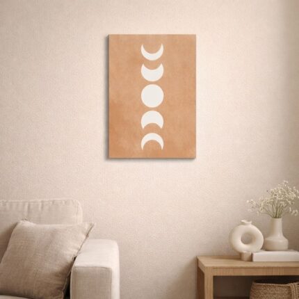 北欧ミニマルなリビングに飾られたムーンフェーズ抽象アート