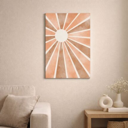 北欧ミニマルなリビングに飾られた放射ラインの抽象サンバーストアート