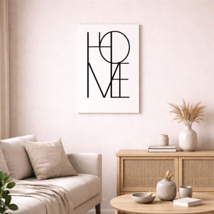 北欧ミニマルなリビング空間に飾られた、ブラックラインで構成された「HOME」タイポグラフィの抽象アート（A3サイズ相当・無フレーム）。