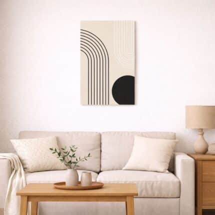 北欧ミニマルなリビングに飾ったアーチモチーフの抽象アート