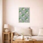 北欧ミニマルなリビング空間に飾られた Green Geometric（1915）キャンバスアート（A3相当）