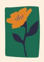 ディープグリーン背景にオレンジフラワーを描いた北欧ミニマル 抽象 キャンバスアート。