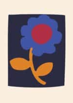 ネイビーバックグラウンドにブルーフラワーを描いた北欧ミニマル 抽象 キャンバスアート。