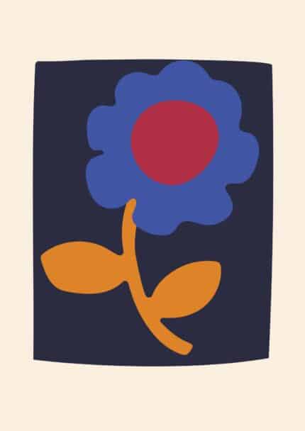 ネイビーバックグラウンドにブルーフラワーを描いた北欧ミニマル 抽象 キャンバスアート。