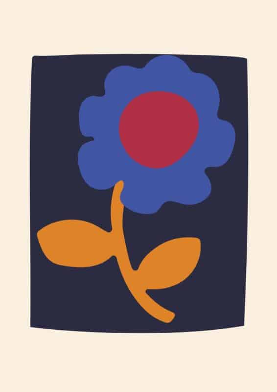 ネイビーバックグラウンドにブルーフラワーを描いた北欧ミニマル 抽象 キャンバスアート。