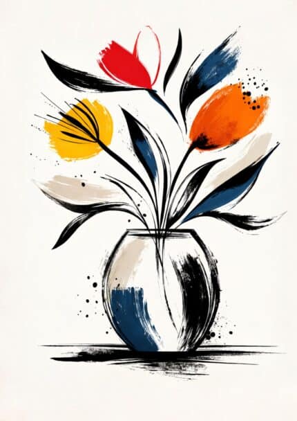 ブラッシュタッチで描かれたフラワーベースの北欧ミニマル 抽象 キャンバスアート。