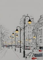 モノクロの都市スケッチを描いた北欧ミニマル 抽象 キャンバスアート。